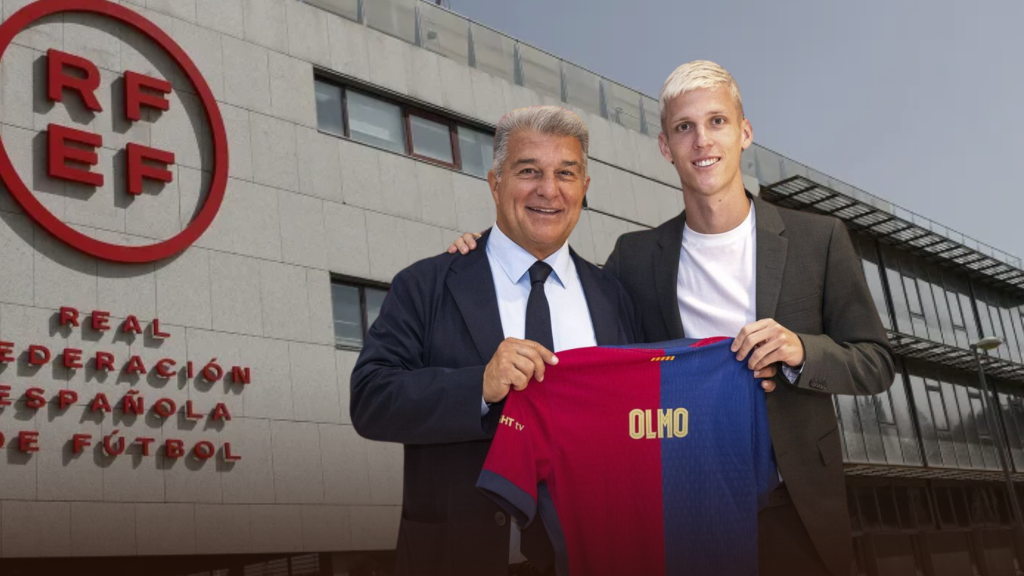 Joan Laporta y Dani Olmo con la sede de la RFEF en un fotomontaje