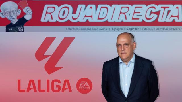 Javier Tebas, presidente de la Liga, en un fotomontaje con Rojadirecta