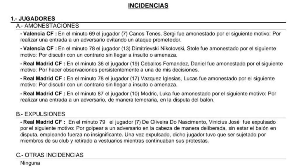 Acta arbitral del Real Madrid-Valencia, que no refleja la agresión de Vinicius