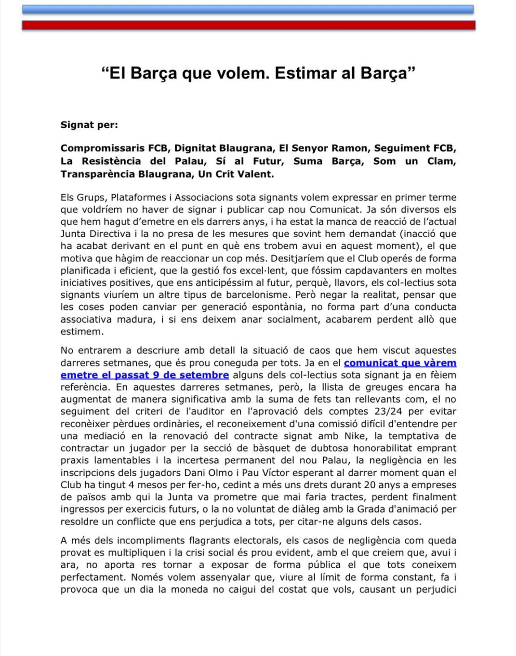 Comunicado de Font, Camprubí y varios grupos de opinión: piden la dimisión de Laporta (1)