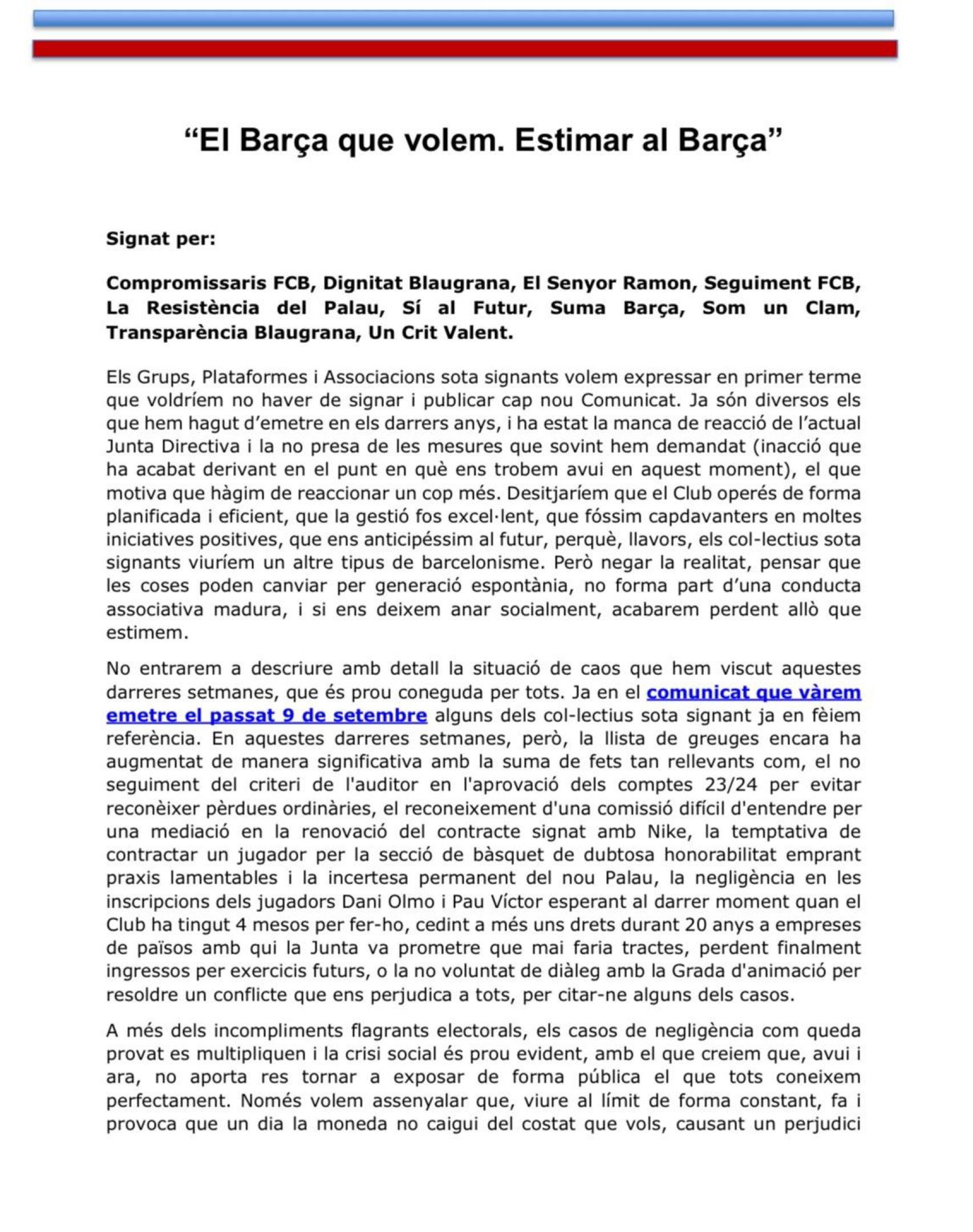 Comunicado de Font, Camprubí y varios grupos de opinión: piden la dimisión de Laporta (1)