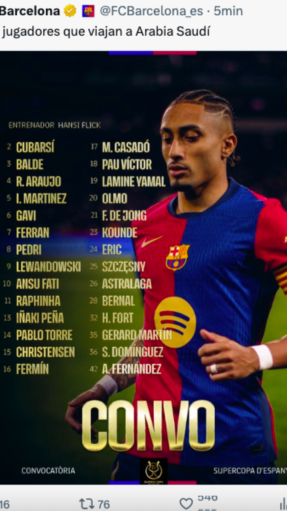 Convocatoria del Barça para la Supercopa