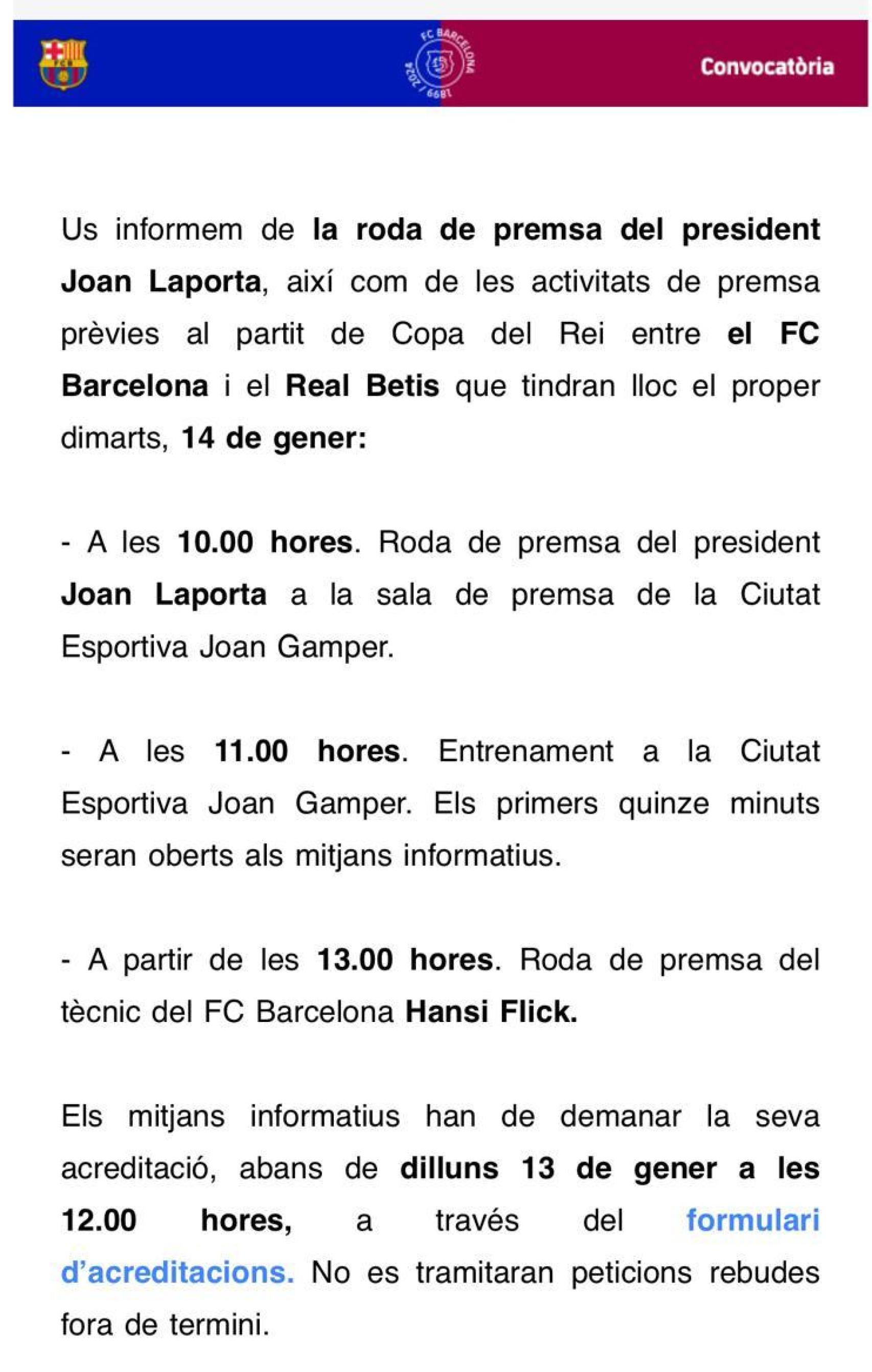 El Barça anuncia la comparecencia de Joan Laporta para el martes 14 de enero