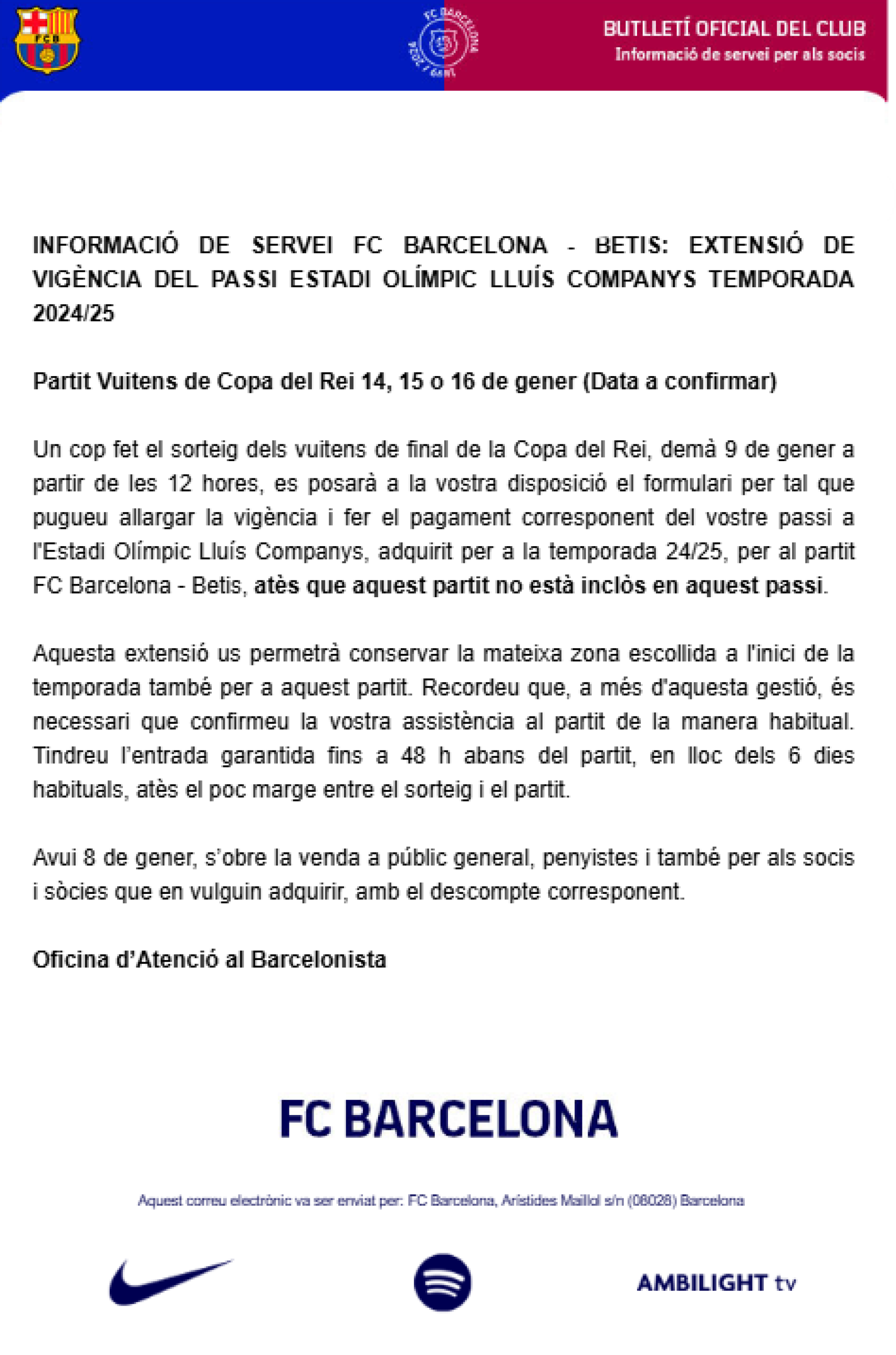 El Barça informa a los socios que el partido contra el Betis de Copa del Rey no entra en el pase de temporada de Montjuïc