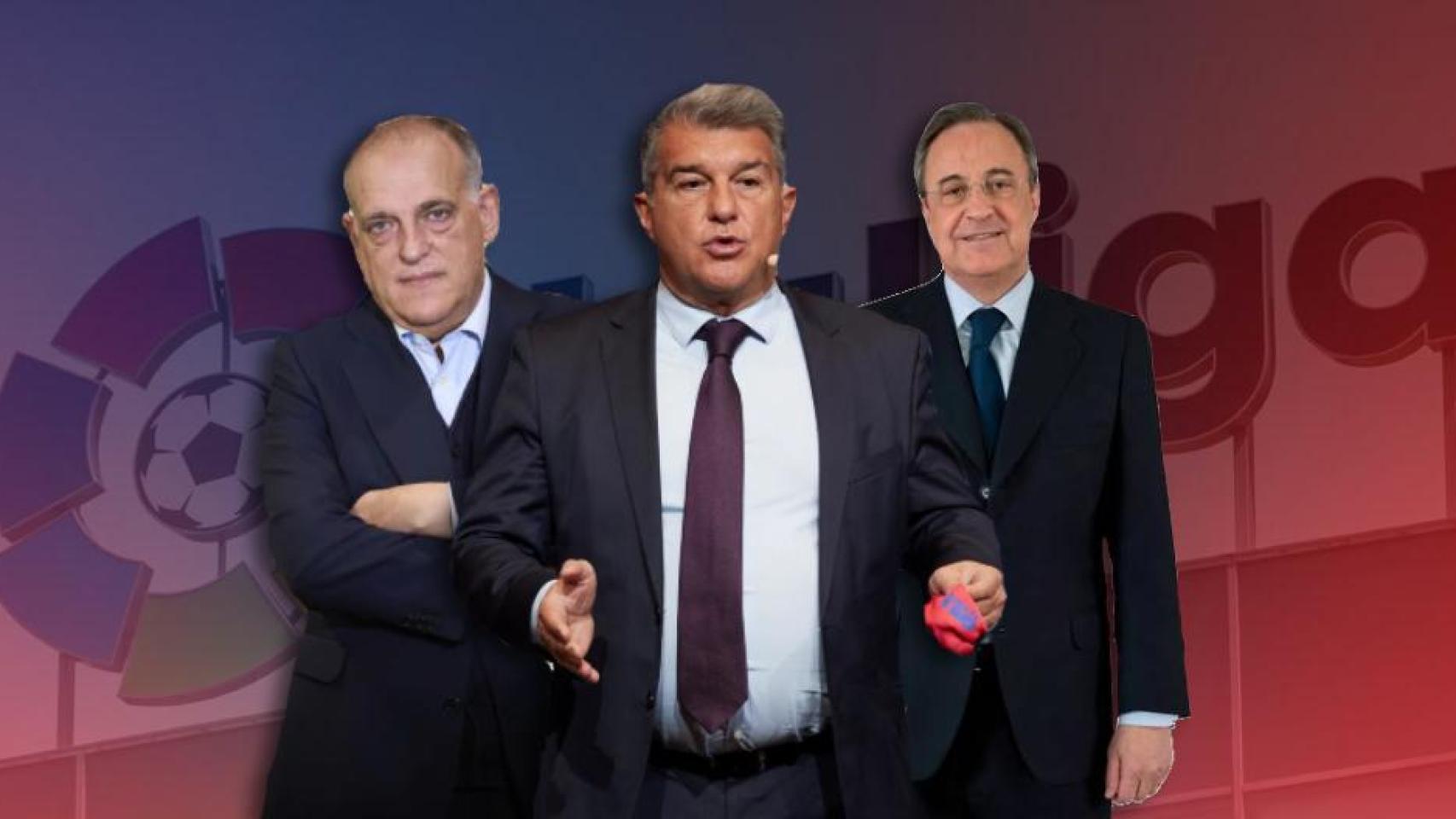 Javier Tebas, Joan Laporta y Florentino Pérez, en un fotomontaje