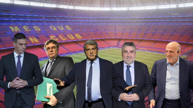 Pedro Sánchez, Carles Puigdemont, Joan Laporta, José Manuel Rodríguez Uribes y Javier Tebas