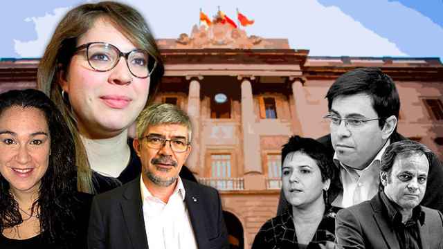 Janet Sanz, Laura Pérez y Agustí Colom (izq) y Gerardo Pisarello, Gala Pin y Jaume Asens (der) / FOTOMONTAJE CG