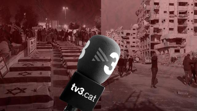 Fotomontaje de un micrófono de TV3 sobre el conflicto entre Israel y Hamás