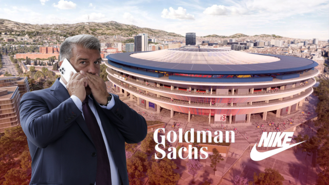 Joan Laporta, una maqueta del Espai Barça, y los logotipos de Nike y Goldman Sachs, en un montaje