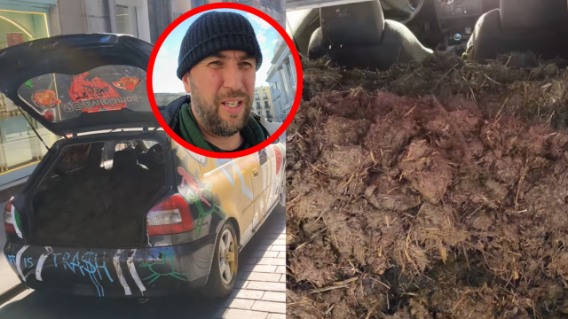 Antonio abandona su coche lleno de estiércol en Barcelona