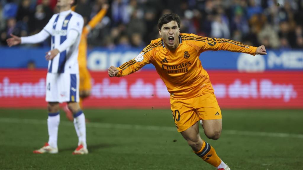 Gonzalo García celebra el gol de la victoria del Real Madrid contra el CD Leganés en Copa del Rey