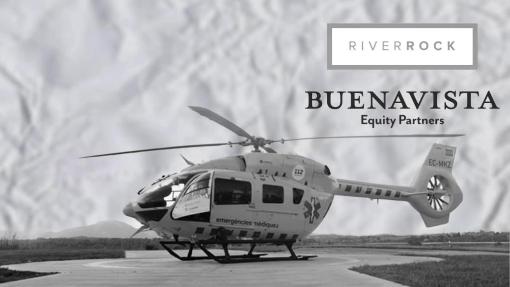 Un helicóptero medicalizado del SEM y los logos de los fondos Buenavista y RiverRock