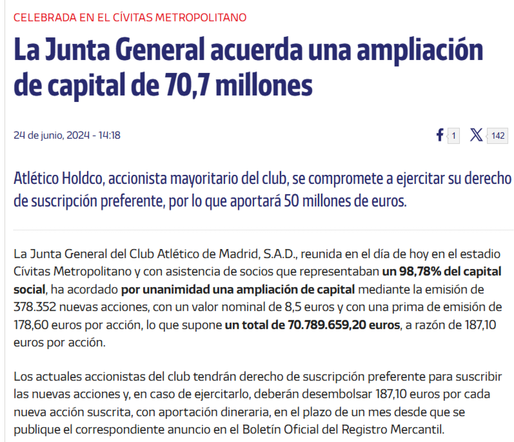 La ampliación de capital de 70 millones anunciada por el Atlético de Madrid en 2024