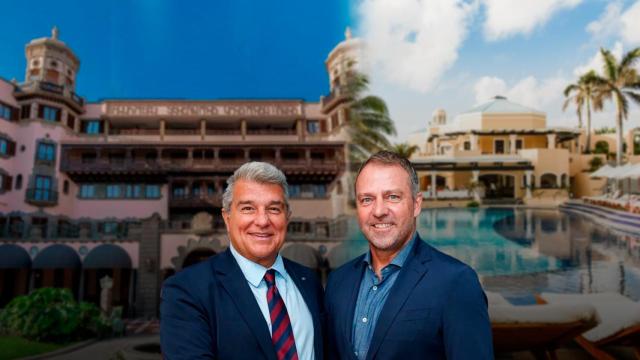 Joan Laporta y Hansi Flick, en un montaje con el Hotel Santa Catalina de fondo