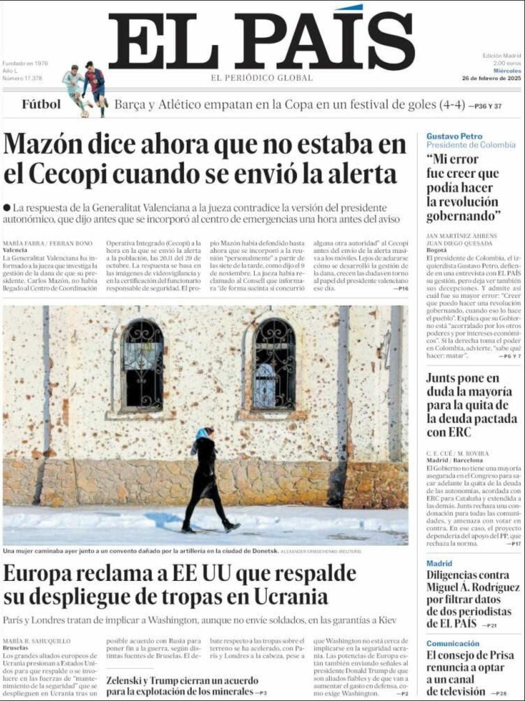 Portada del diario 'El País' a miércoles 26 de febrero de 2025