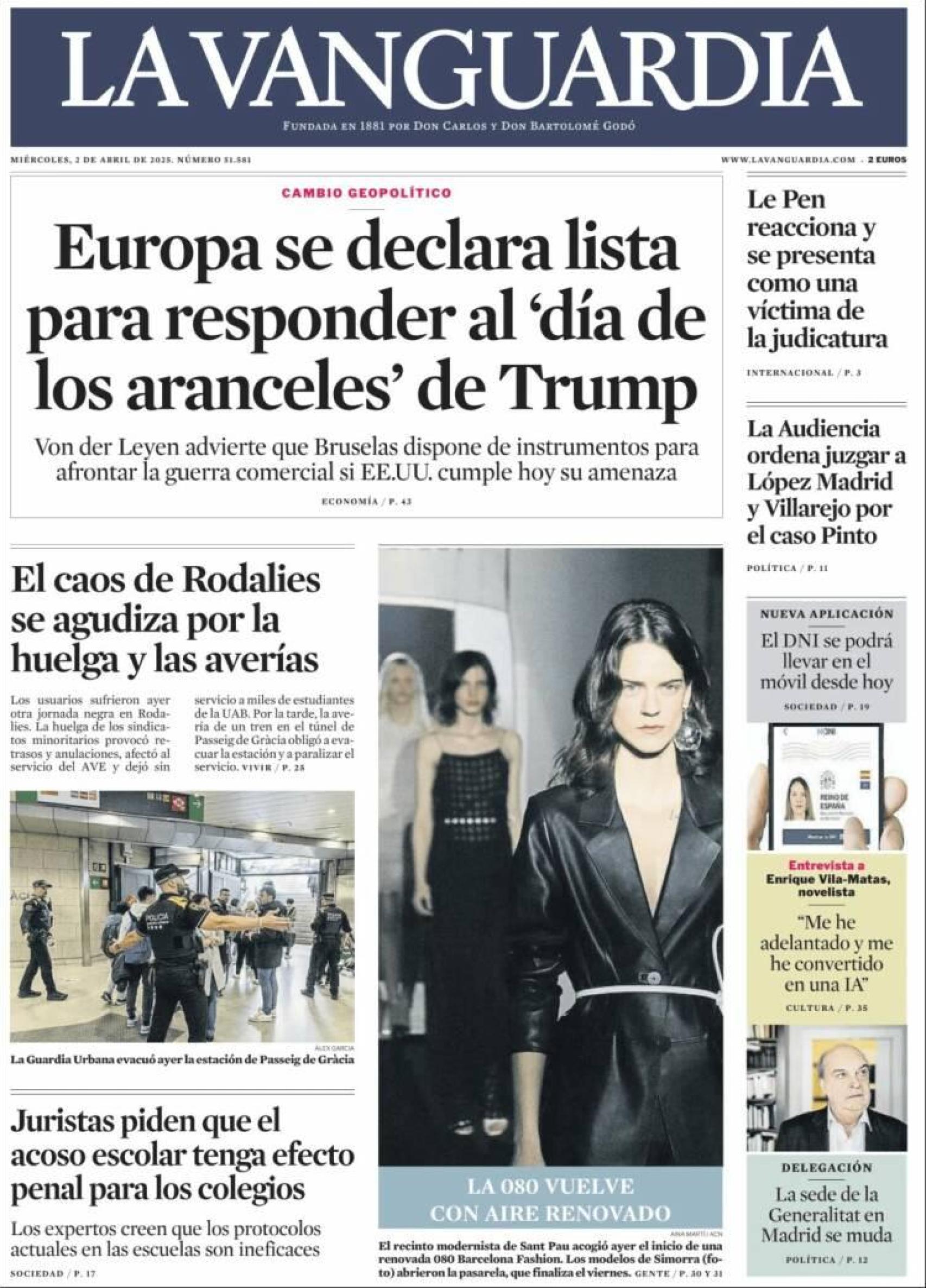 Portada del diario 'La Vanguardia' a miércoles 2 de abril