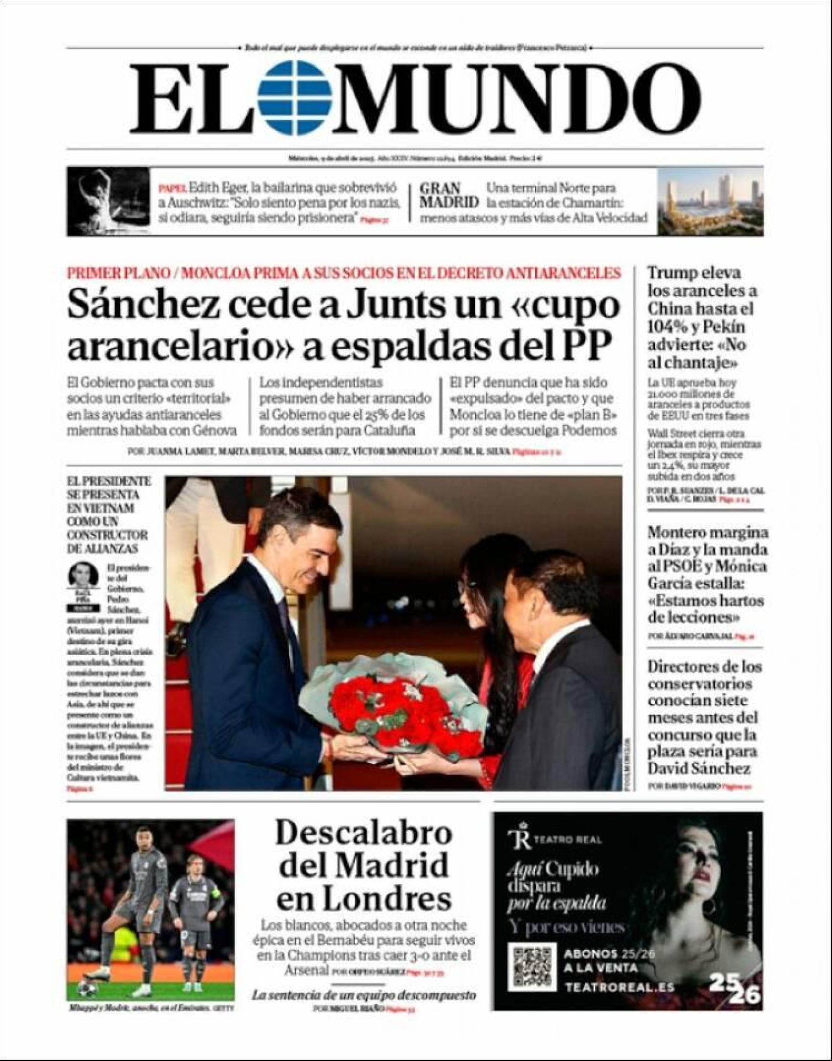 Portada del diario 'El Mundo' a miércoles 9 de abril de 2025