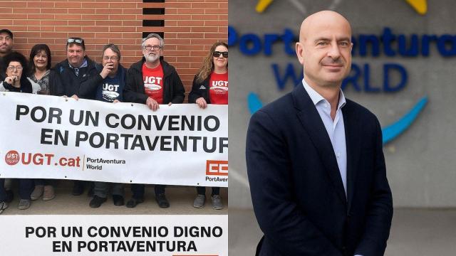 Representantes sindicaes de la UGT y CCOO y el director general de PortAventura, Fernando Aldecoa