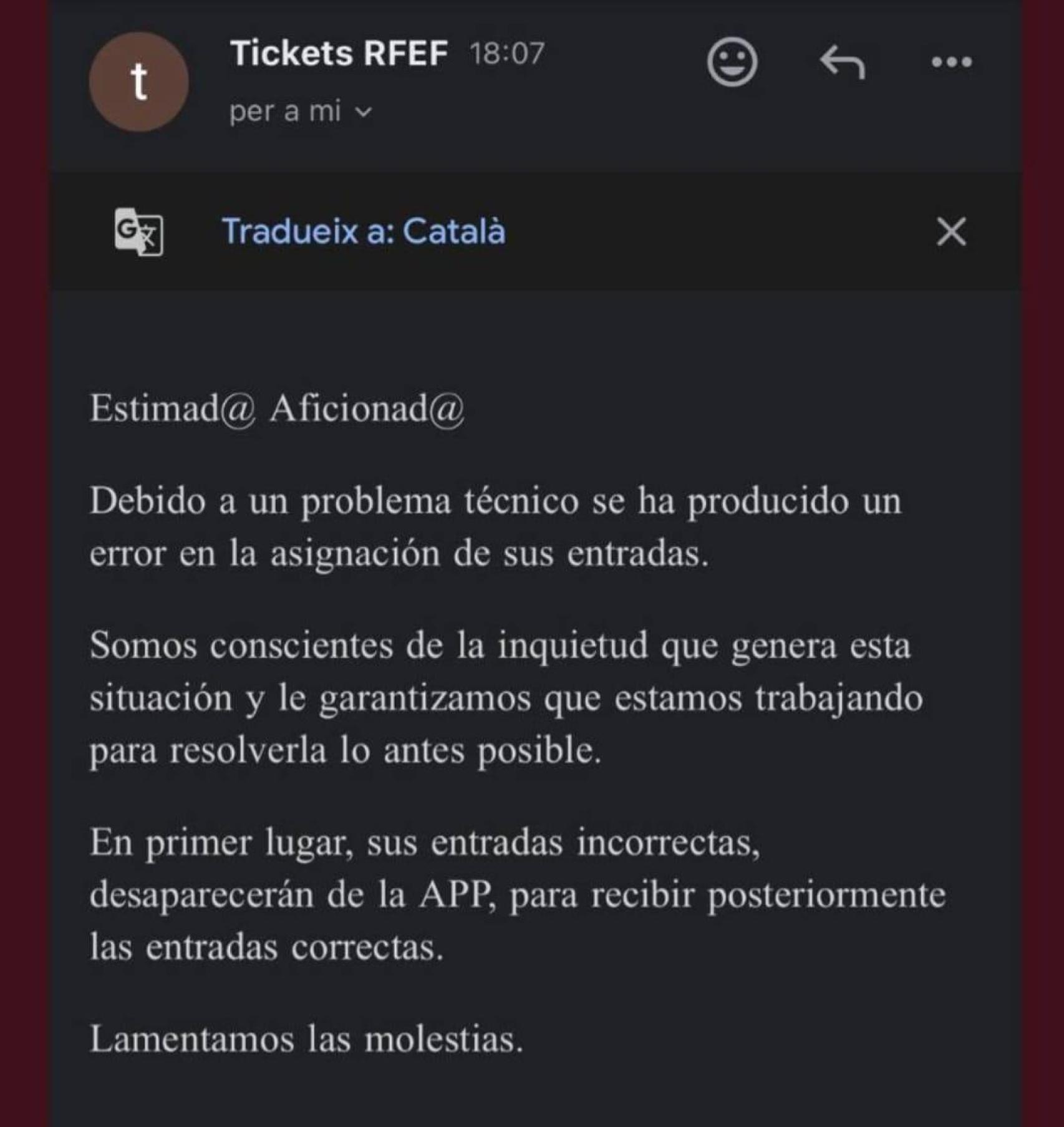Correo de la RFEF pidiendo disculpas por los fallos con las entradas de la final de la Copa del Rey