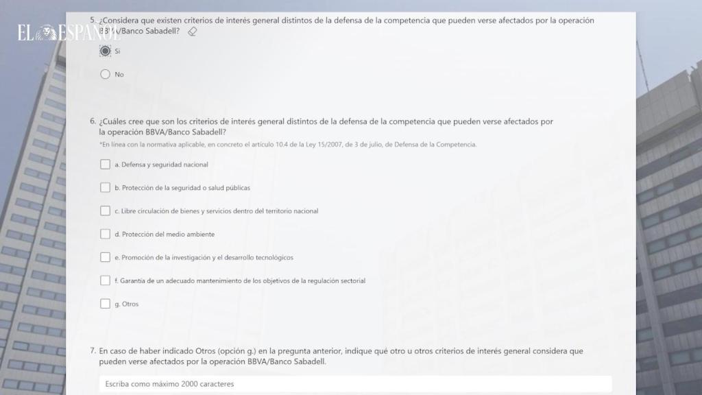 Primeras preguntas del formulario del Ministerio de Economía sobre la OPA del BBVA al Sabadell