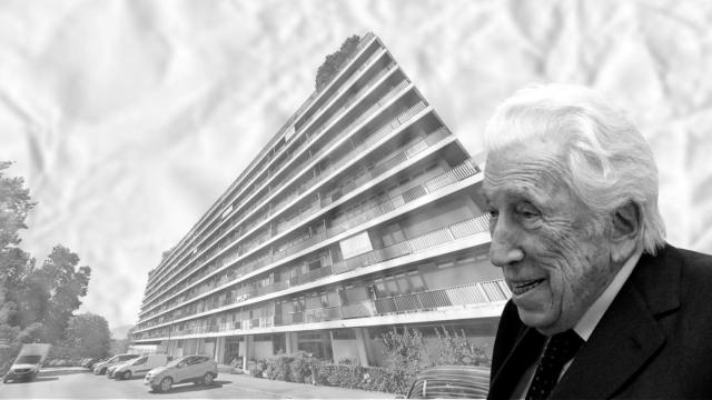 El mecenas y empresario catalán Pere Mir con los apartamentos de Ginebra de fondo