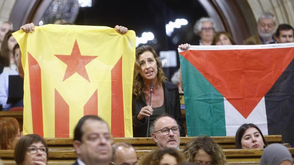 La diputada de la CUP, Laia Estrada (c), interviene durante la sesión de control al gobierno catalán en el pleno del Parlament, en plena polémica sobre la actuación de la Dirección General de Atención a la Infancia y la Adolescencia de la Generalitat (DGAIA)