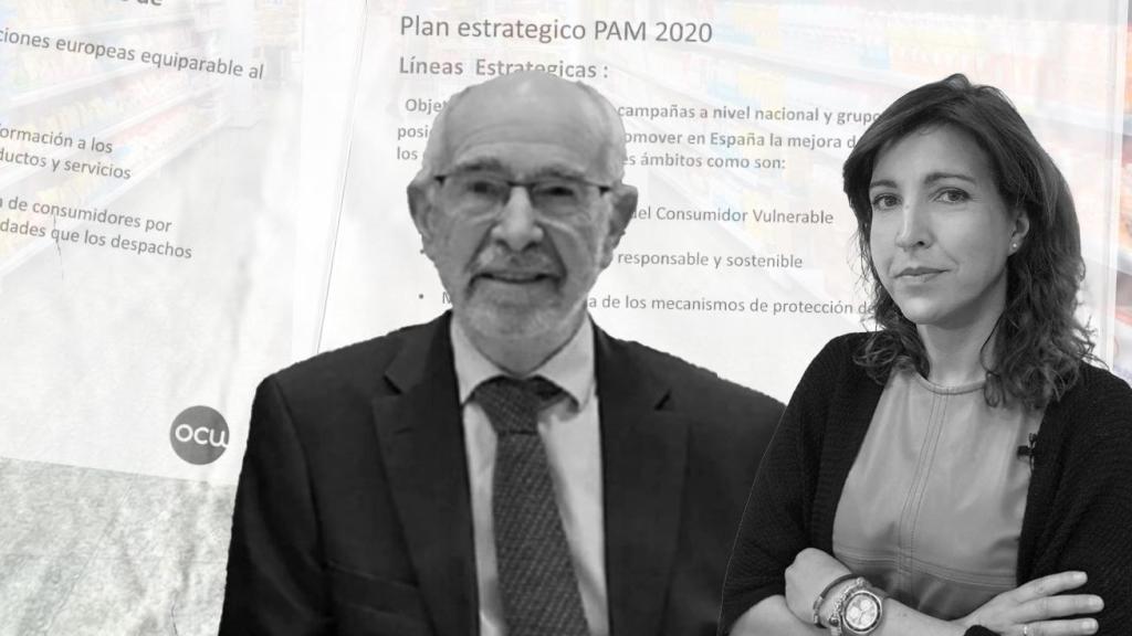 Miguel Ángel Feito, presidente de la OCU; Ileana Izverniceanu,'dircom', y el plan