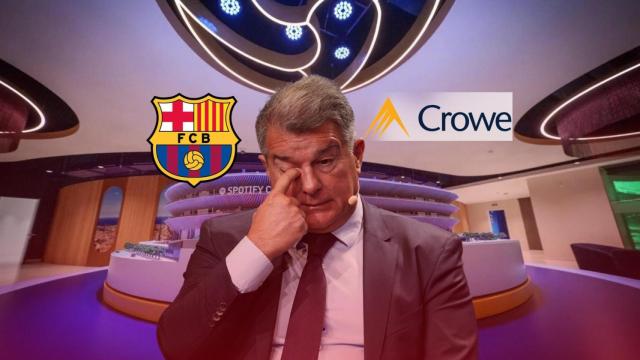 El presidente del Barça, Joan Laporta, en un montaje con el logotipo del club y del auditor, Crowe Global