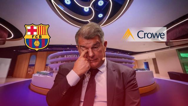 El presidente del Barça, Joan Laporta, en un montaje con el logotipo del club y del auditor, Crowe Global
