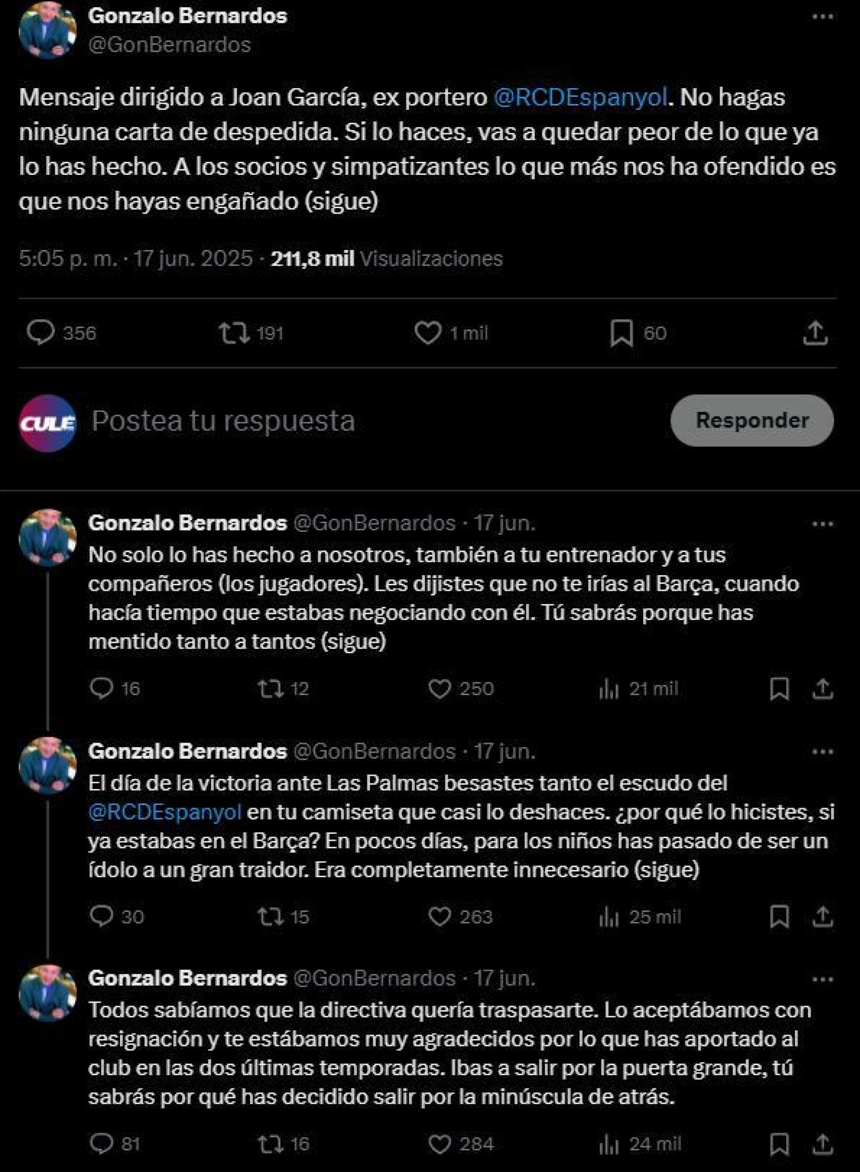 Carta de Gonzalo Bernardos a Joan García en Twitter