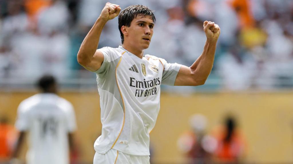 Gonzalo García celebra su gol con el Real Madrid ante el Al Hilal en el Mundial de Clubes