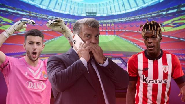 Joan García, Joan Laporta y Nico Williams