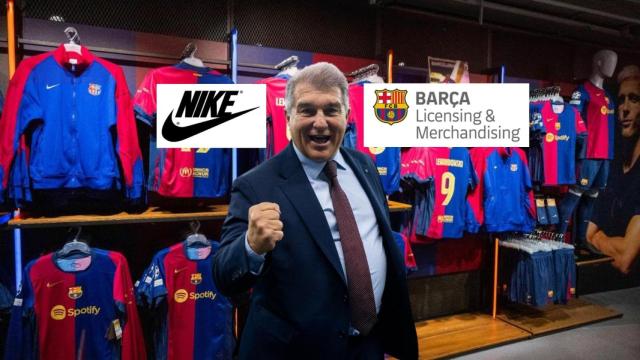 Nike, BLM y Joan Laporta en un fotomontaje con una Barça Store de fondo