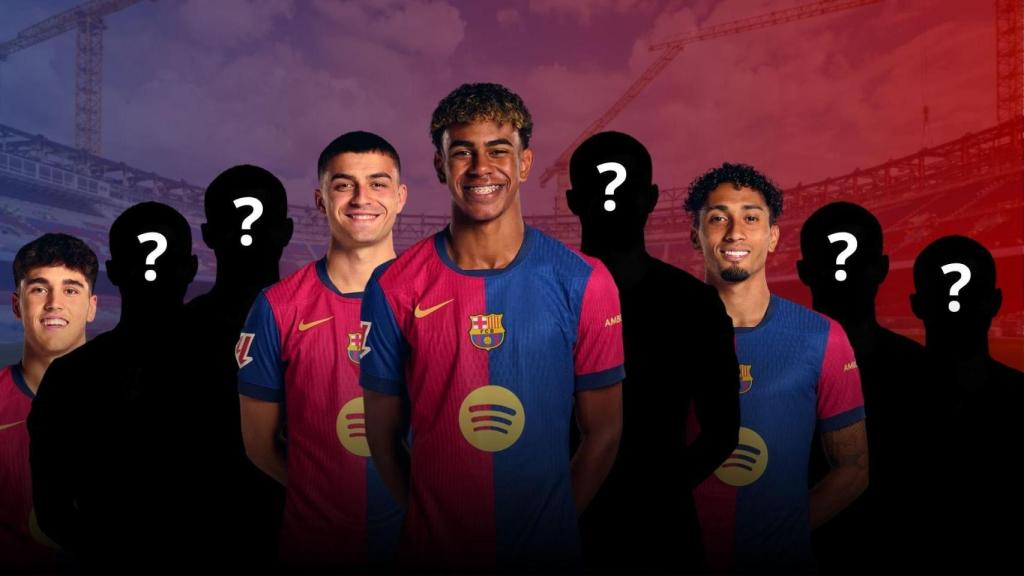 Pau Cubarsí, Pedri, Lamine Yamal y Raphinha en un montaje con el Camp Nou de fondo