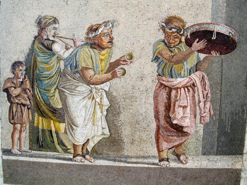Una escena de comedia con músicos ambulantes en Pompeya