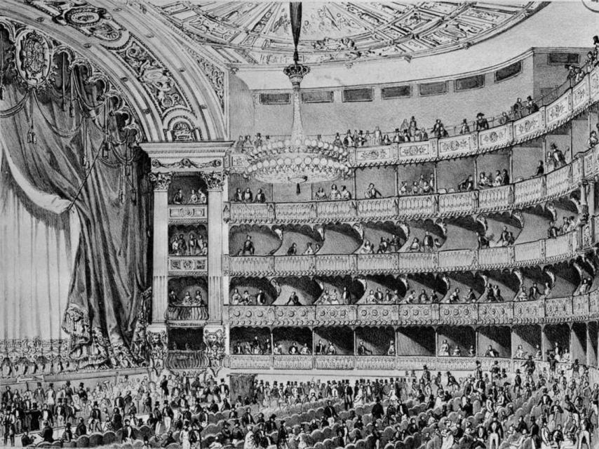 Vista Interior del Teatro Real en 1850. Grabado de Vicente Urrabieta.