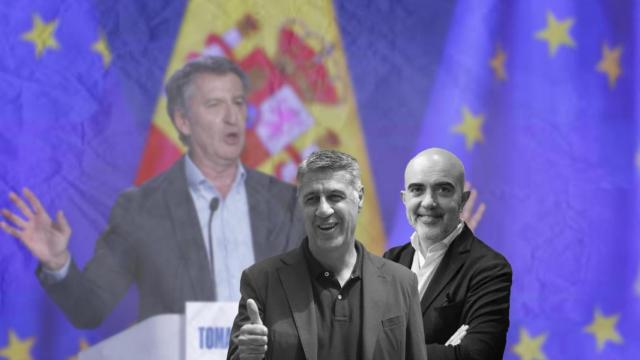 Fotomontaje de Dani Sirera y Xavi García Albiol, con Alberto Núñez Feijóo en el fondo