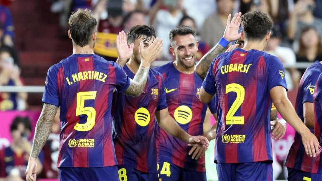 El Barça celebra un gol contra el Vissel Kobe