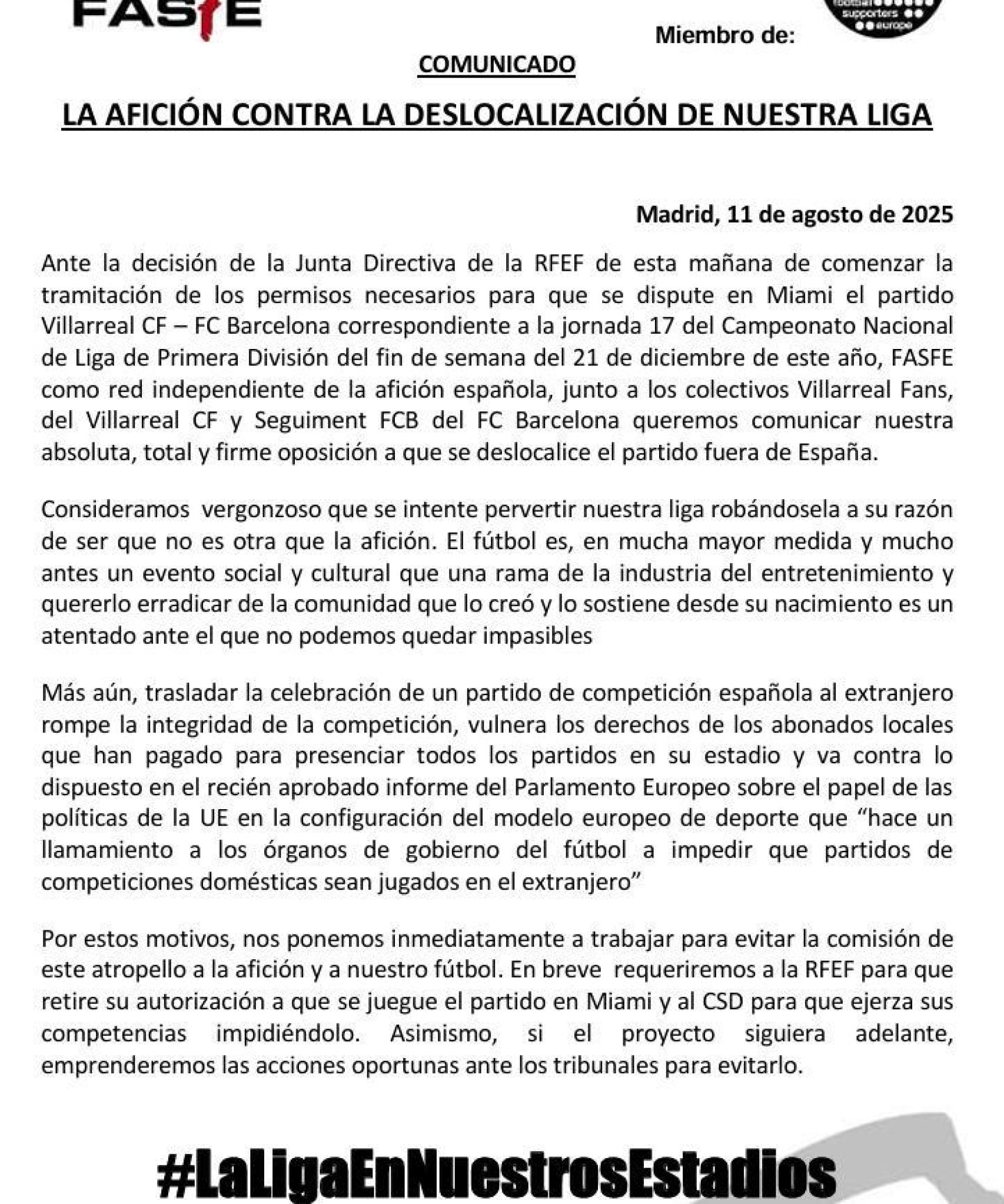Comunicado de FASFE sobre la celebración del Villarreal-Barça en Miami