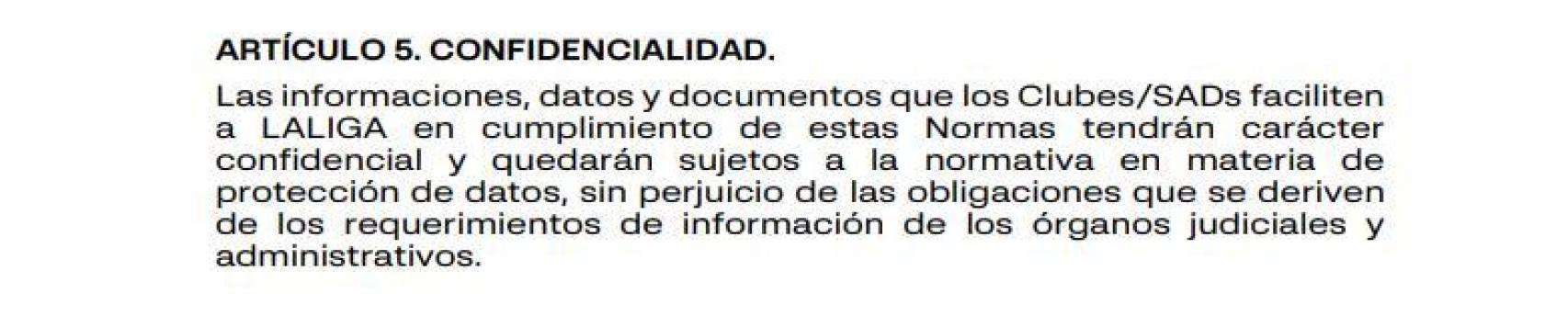 El artículo 5 sobre el deber de confidencialidad de las Normas de Elaboración de Presupuestos de Clubes/SADs de la Liga
