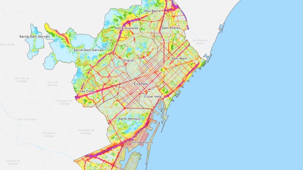 Mapa que muestra la contaminación acústica de Barcelona