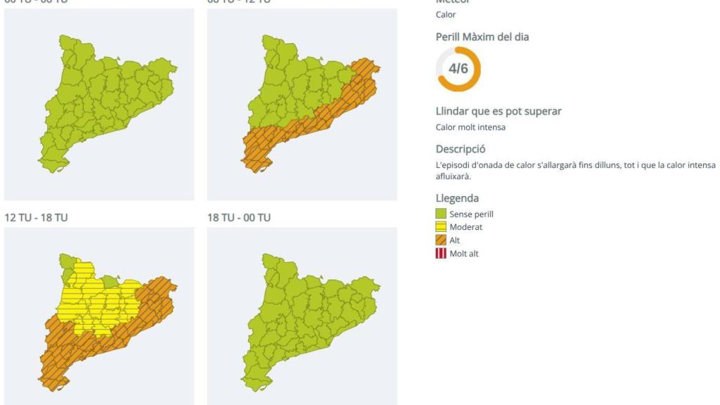 Mapa de avisos por calor del 16 de agosto de 2025 en Cataluña
