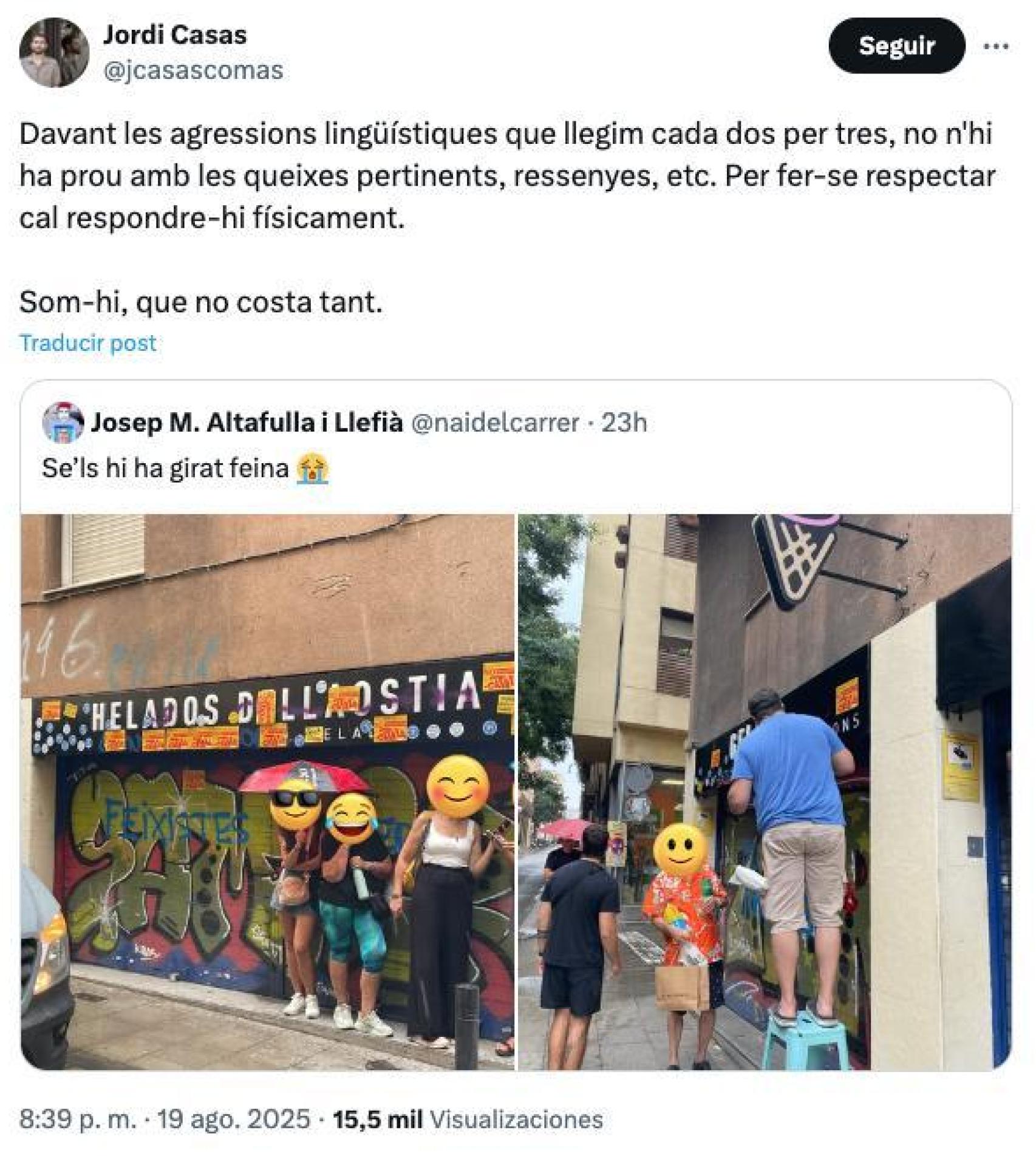 Publicación en la plataforma X del regidor de la CUP Jordi Casas, acerca del vandalismo que ha sufrido la heladería Dellaostia