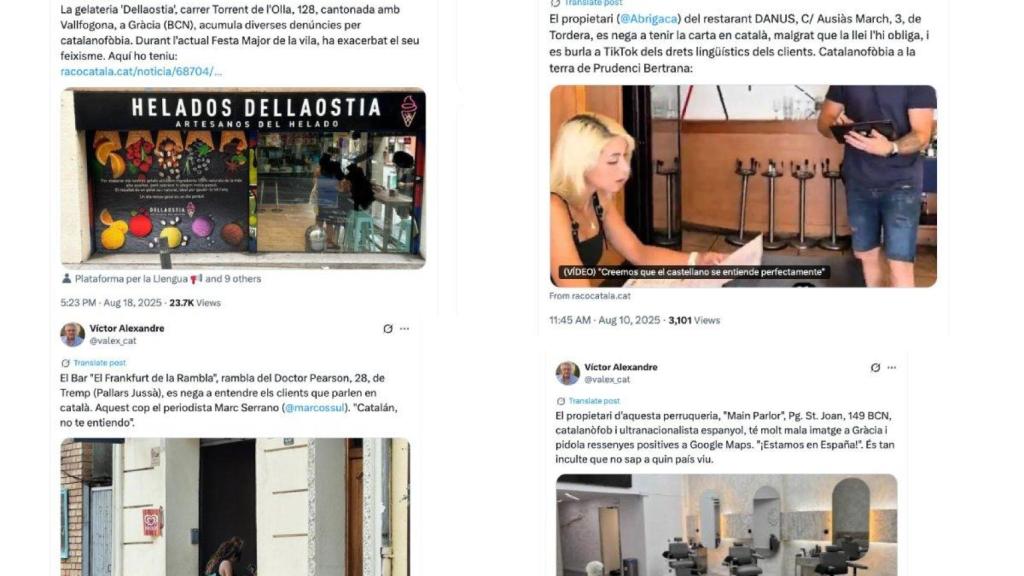 Tuits de Víctor Alexandre señalando a establecimientos por usar el castellano