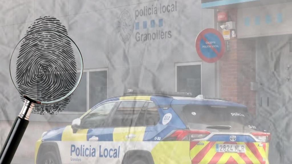 Fotomontaje con un coche patrulla de la Policía Local de Granollers con una huella y una lupa