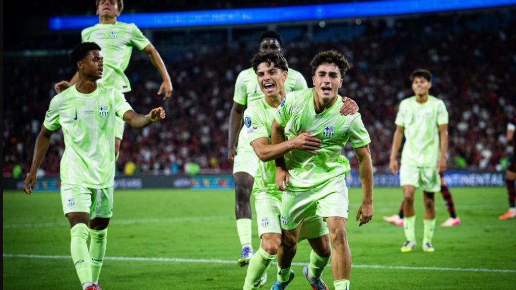 La celebración de Jan Virgili tras anotar un golazo en el Flamengo-Barça sub-20 de la Copa Intercontinental