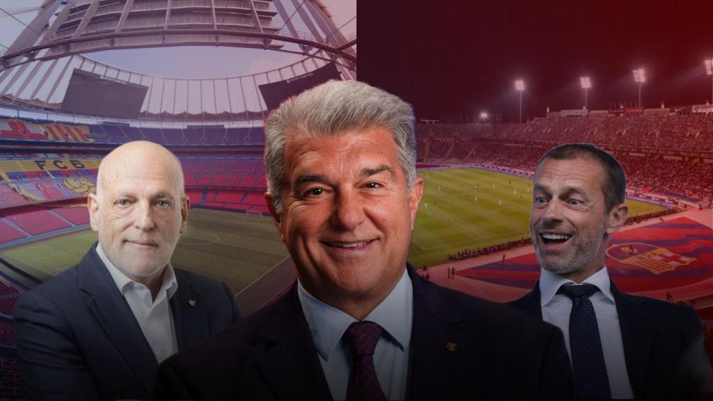 Aleksander Ceferin, Joan Laporta y Javier Tebas en un montaje sobre el Camp Nou y el Estadi Lluís Companys