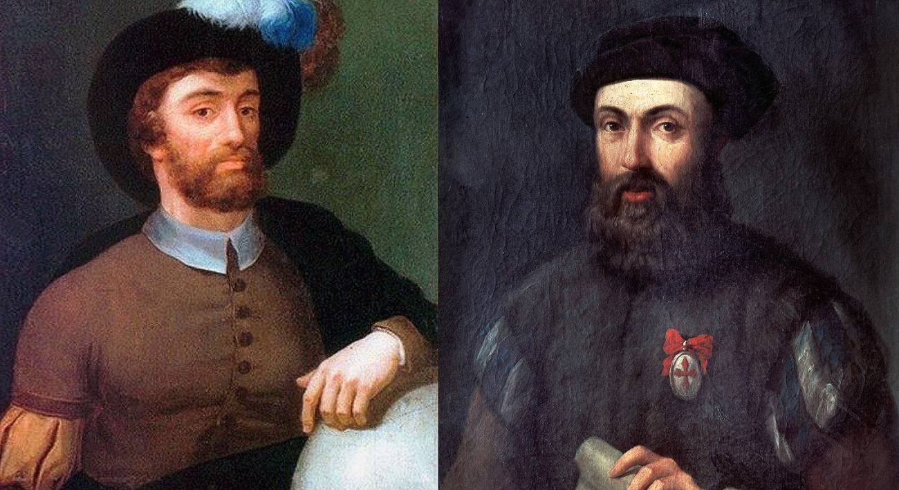 Retratos de Juan Sebastián Elcano y Fernando de Magallanes, protagonistas de la primera vuelta al mundo. / Nahia Blanco Iturbe/Alamy