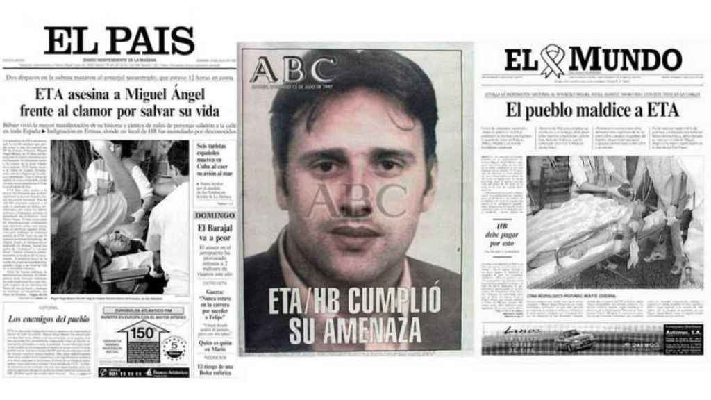 Portadas de tres medios nacionales diferentes tras el asesinato de Miguel ngel Blanco a manos de ETA.