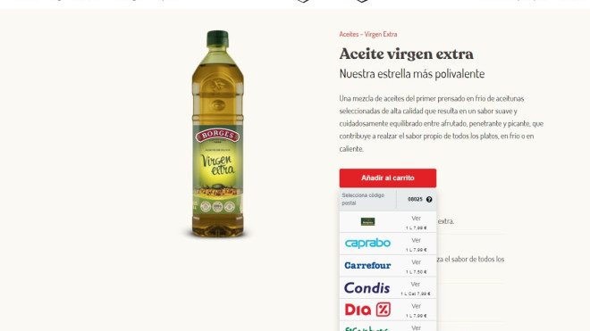 Precio de una botella de aceite virgen extra de la marca Borges en varios supermercados españoles / Consumidor Global